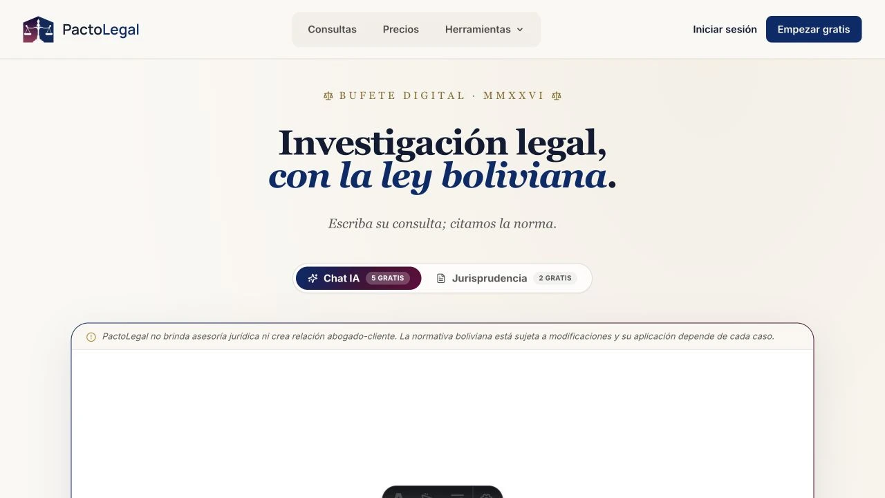 PactoLegal public legal research interface in Spanish.