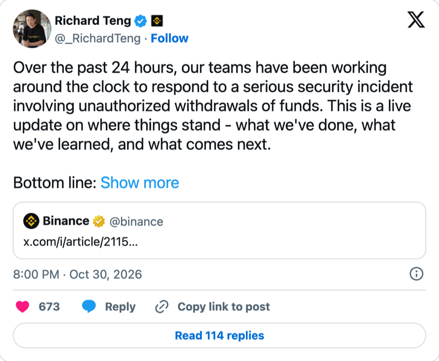 Richard Teng’s post on X at 8:00 PM UTC on 30 October summarising Update #2, as rendered by X’s official embed.